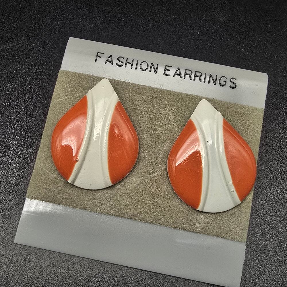 Orange White Enamel Tear Drop Earrings Vintage 1980s Mod NOS NWT